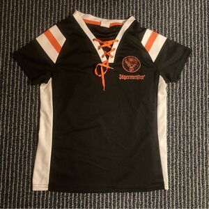 SOLD Jagermeister #56 Tie Front Jersey Shirt Women’s M/L Black Orange Bar